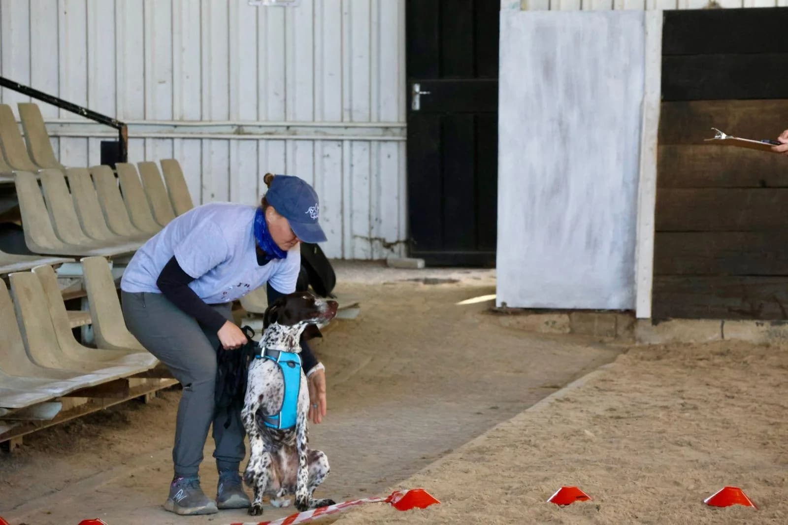 A handler rewards a dog after an indoor arena search