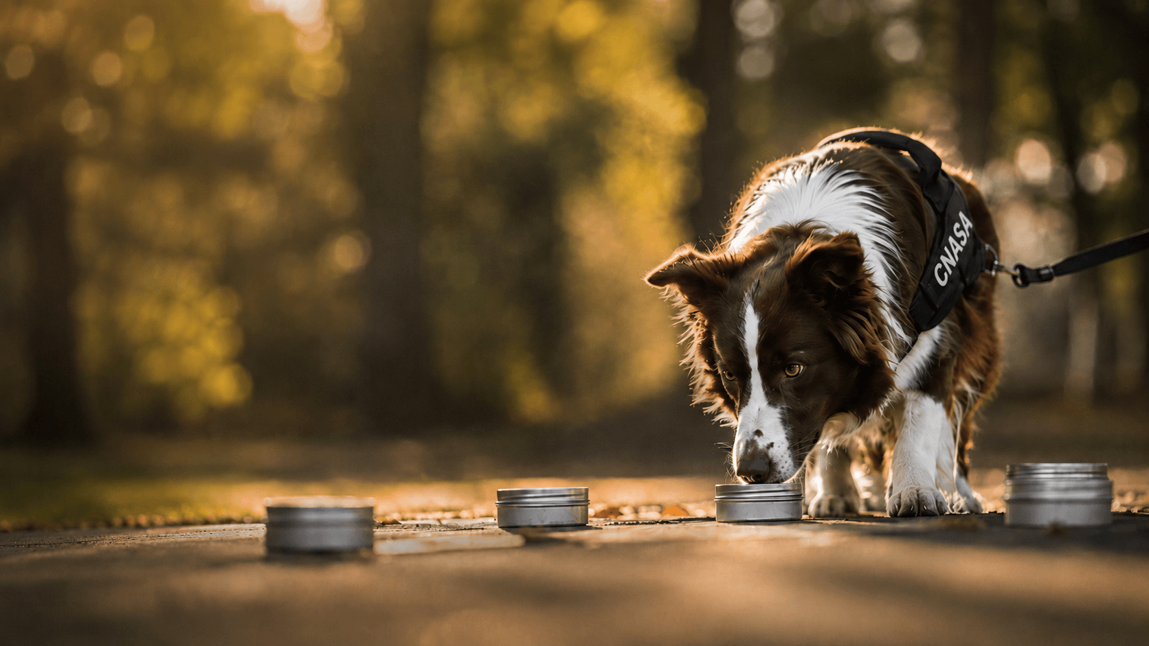 A CNASA dog searching scent tins during a nosework exercise
